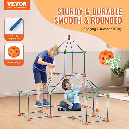 VEVOR Fort Building Kit for Kids, 120PCS STEM Building Toys, Educational Gift for 4 5 6 7 8+ Year Old Boys & Girls, Indoor Outdoor Play Tent Builder Set Construction Toys with 80 Rods and 40 Balls