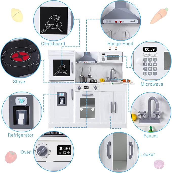 Bophy Kids Kitchen Playset, Wooden Chef Pretend Play Set with 20 PCS Cookware Accessories, Wooden Cookware Pretend with Ice Maker, Microwave, Oven, Range Hood, Sink, Real Lights & Sounds，White