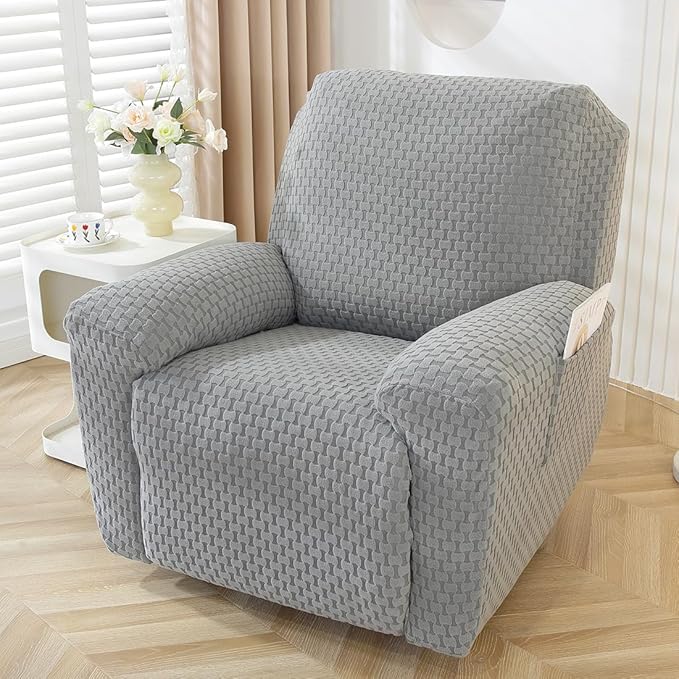 vctops 4 Pieces Jacquard Plush Recliner Slipcovers Stretch Soft Sofa Couch Cover Anti-Slip Solid Color Furniture Protector with Elastic Bottom for Kids Cats Dogs (Dark Grey,1 Seat)