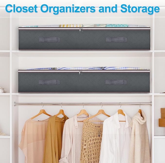 Budding Joy 90L Under Bed Storage Containers, Closet Organizers and Storage Bins, Foldable Underbed Storage Bags for Linen Sheets, Blanket, Clothing, Comforter, Sweaters, Pillows, Wrapping Paper, Grey