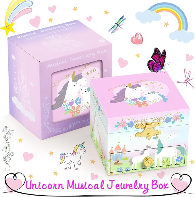 RR ROUND RICH DESIGN Music Jewelry Box with Drawer for Girls Foil Gold Unicorn Theme Spinning Playback the Tune for Beautiful Dream Song Pink-Green