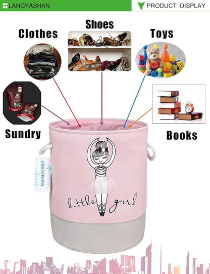 LANGYASHAN Laundry Basket Canvas Collapsible Organizer Storage Basket for Boys Girls Laundry Hamper Toy Bins Gift Baskets Bedroom Clothes Children Nursery (little girl)