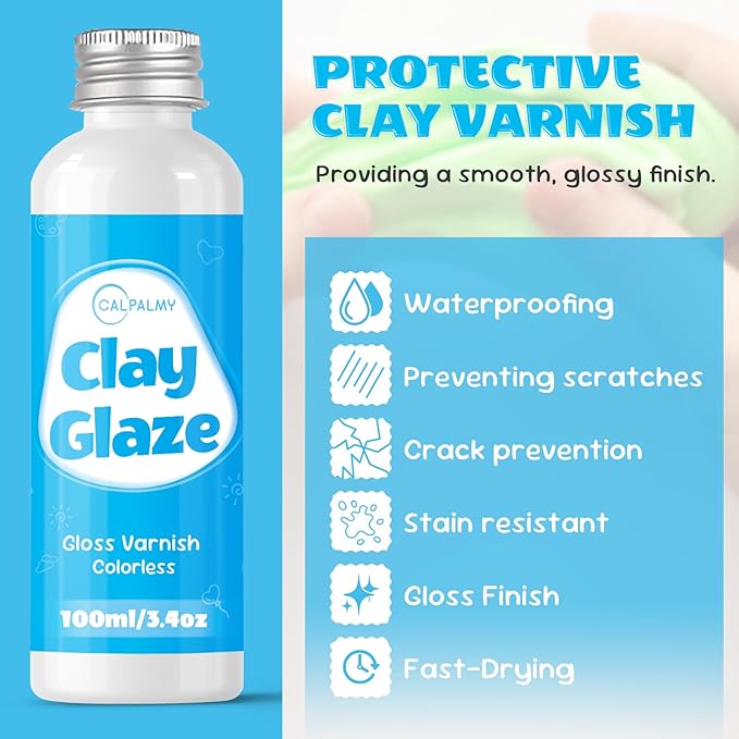 CALPALMY (2-Pack) 100ml Gloss Glaze Varnish Kit for Air Dry Clay Sealer, Waterproof, Gloss Finish - Prevent Cracking and Scratches for Clay, Pottery, Ceramics, Acrylic Paint