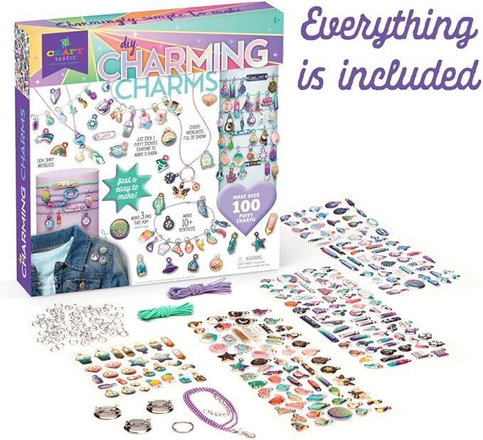 Craft-tastic — Puffy Charming Charms — Designs Pins, Necklaces, and Bracelets — Fun Creative Craft Kit for Ages 8+