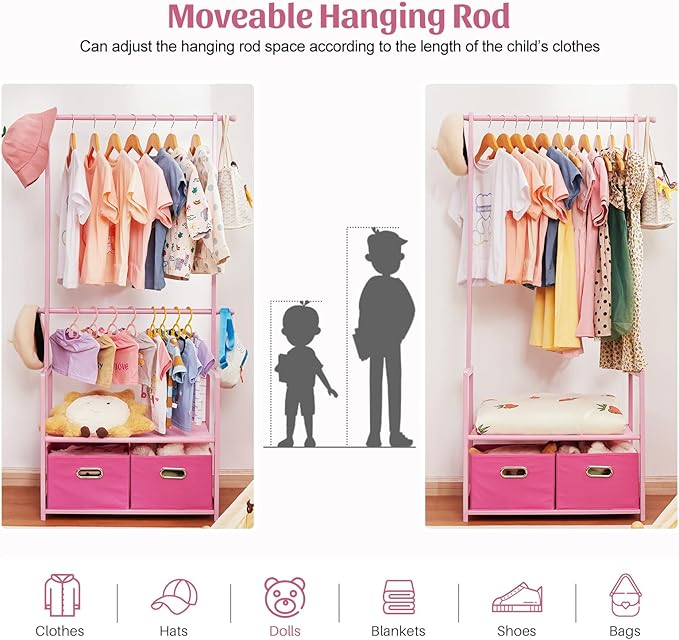Kids Clothing Rack Bamboo with 2 Storage Baskets and 2 Adjustable Hanging Rods,Child Garment Holder with Shelf, Dress up Stand for Playroom,Toddlers Bedroom (Pink)