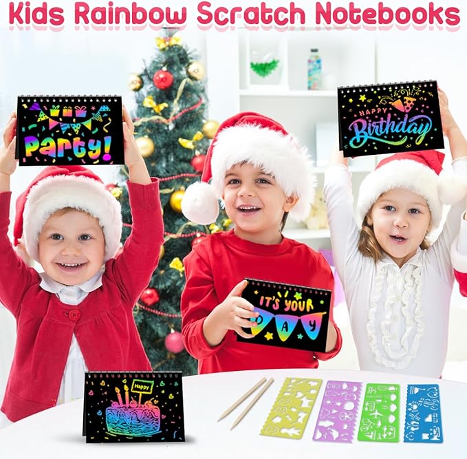 FEREDO KIDS Birthday Party Favors: 4 Pack Rainbow Scratch Notebook Bulk Party Favors for Kids Goodie Bags Prize Box Toys for Kids Classroom School Supplies Christmas Gifts Kids Crafts