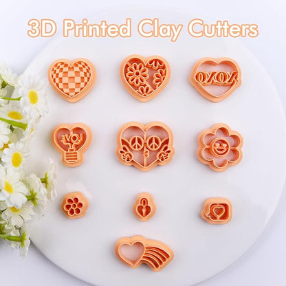 Puocaon 70s Valentines Clay Cutters - 10 Pcs Clay Cutters for Polymer Clay Jewelry Making, Vintage Disco Heart Shape Polymer Clay Jewelry Cutters, Bulb Lock Daisy Flower Clay Cutters for Earrings