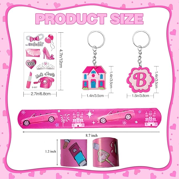 Pink Party Favors 98 Pc Princess Party 12 keychain, 12 Tattoo stickers, 12 bracelets, 12 Glass diamond ring, 50 stickers sheet for Girl Hot Pink Birthday Party Supplies