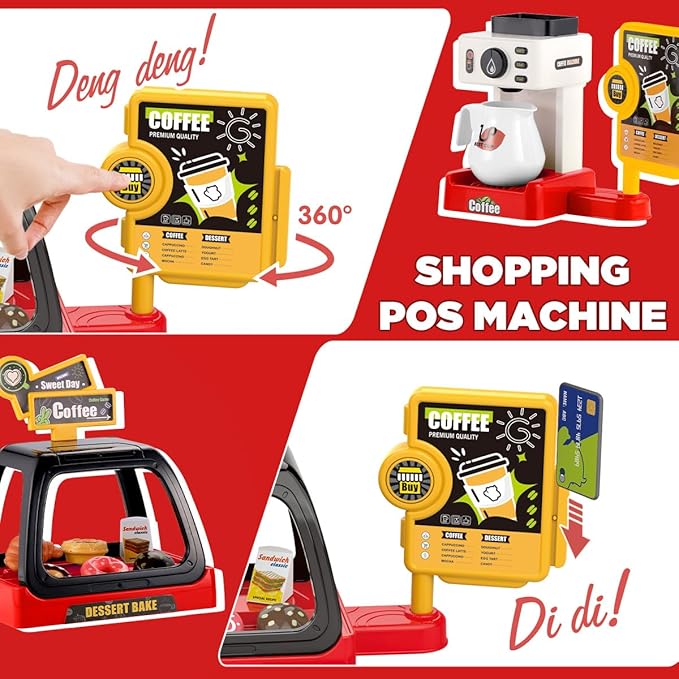 GAGAKU Toy Coffee Maker Machine and Cash Register Kit with Sound Light Kids Kitchen Pretend Play Sets Kitchen Appliances Toy for Boys Girls-Red