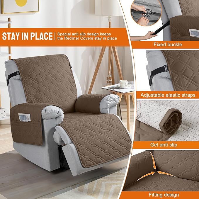VANSOFY 100% Waterproof Recliner Chair Covers, Recliner Cover Non-Slip Dog Chair Cover Furniture Protector Washable Slipcover with Pocket, Elastic Straps for Pets, Dogs(Brown, 28")