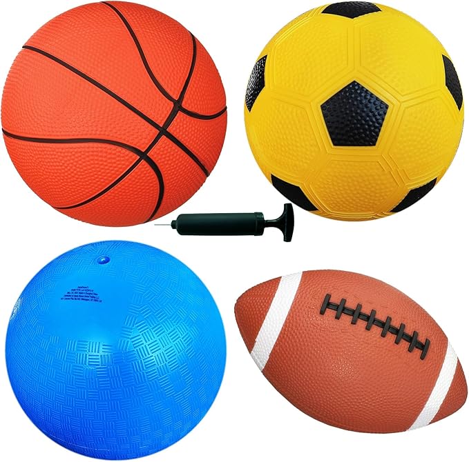 AppleRound Pack of 4 Sports Balls with Pump for Kids and Teens - 1 Each of 8.5-Inch Soccer, Basketball, Playground Ball, and 9-Inch Football