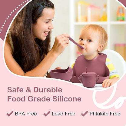 Complete Silicone Baby Feeding Set - 6+ Months Food Grade Baby Feeding Essentials | Silicone Bibs, Baby Bowls and Plates, 3 in 1 Baby Sippy Cup, Spoons and Fork Set | Free of BPA/PVC/Lead/Phthalate