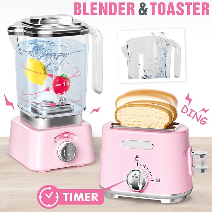 Pretend Play Kitchen Appliances Toy Set with Realistic Coffee Maker Machine, Toaster, Mixer and Blender, Kids Kitchen Playset with Sound & Light for Kids Age 3–5 4-8