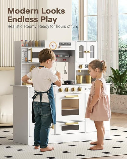 BIERUM Wooden Play Kitchen for Kids Ages 3-8 with Lights & Sounds, Pretend Play Kitchen Set with Stove, Ice Maker, Coffee Maker, Oven & Accessories, Toddler Kitchen Playset for Boys and Girls (White)