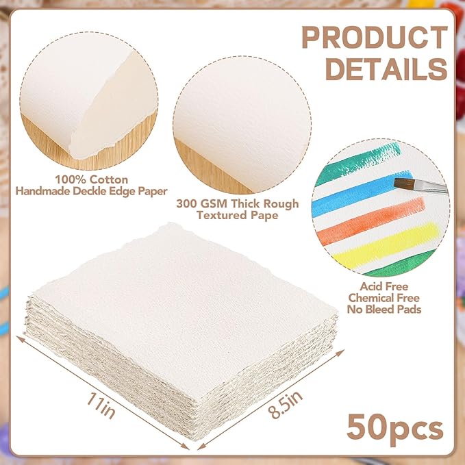 50 Sheets Watercolor Paper 8.5 x 11, 300 GSM Deckled Edge Paper Rough/Textured Handmade Paper Cotton Paper for Watercolors, Wedding Invitations, Cards, Crafts