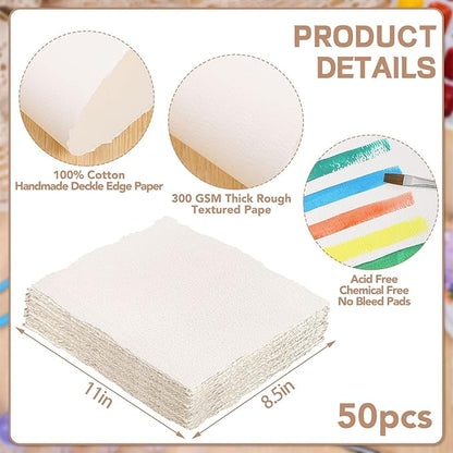 50 Sheets Watercolor Paper 8.5 x 11, 300 GSM Deckled Edge Paper Rough/Textured Handmade Paper Cotton Paper for Watercolors, Wedding Invitations, Cards, Crafts