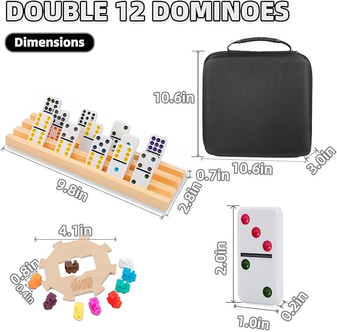 Mexican Train Dominoes Set with 6 Wooden Racks, Double 12 Colored Dot Dominoes with Update Hub, Travel Domino Train Game with 91 Tiles and Portable Carry Case, Family Board Team Games