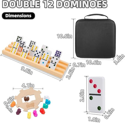 Mexican Train Dominoes Set with 6 Wooden Racks, Double 12 Colored Dot Dominoes with Update Hub, Travel Domino Train Game with 91 Tiles and Portable Carry Case, Family Board Team Games