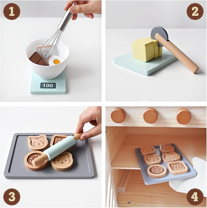 PairPear Wooden Toy Cookies and Baking Set,Kids 28 Pieces Play Food Toy Kitchen Playset,Pretend Play Kitchen Accessories Gift for Boys and Girls 3 Years and up