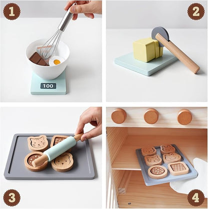 PairPear Wooden Toy Cookies and Baking Set,Kids 28 Pieces Play Food Toy Kitchen Playset,Pretend Play Kitchen Accessories Gift for Boys and Girls 3 Years and up