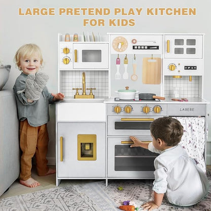 Labebe Wooden Kids Play Kitchen, Toy Kitchen Set with Plenty of Play Features & Cookware, Toddler Kitchen Playset Designed in Trendy Home Style for Boys Girls