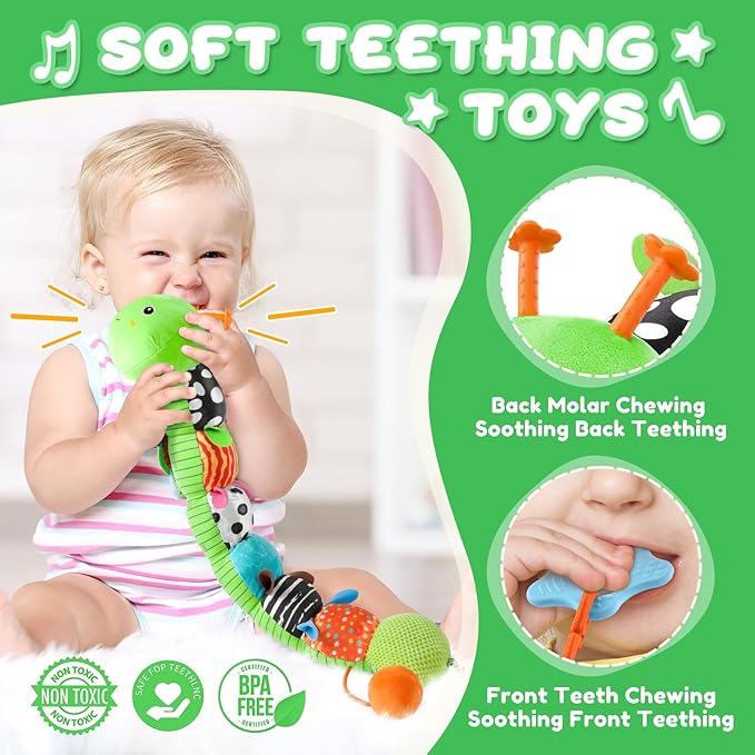 AWOTOY Baby Toys 0-6-12 Months,Musical Caterpillar Stuffed Animals Activity Infant Toys with Crinkle,Rattles,Mirror&Pull String,Muti-Sensory Toys Gifts for Newborn Tummy Time,Kelly Green|Leafy