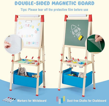 HONEY JOY Easel for Kids, Wooden Height Adjustable Double-Sided Toddler Easel w/Magnetic Chalkboard & White Board, Paper Roll, 60+ Painting Accessories, Magnetic Letters, Art Easel for Boys Girls