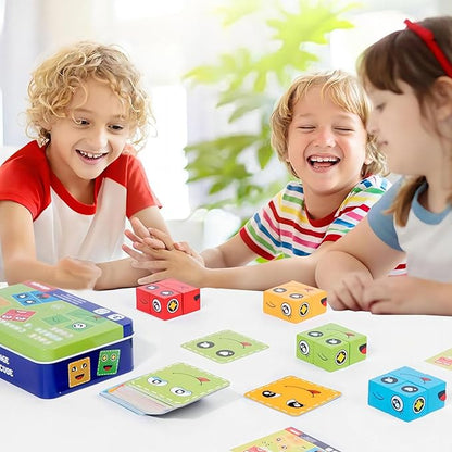 Face Changing Building Blocks Game, Wooden Expression of Face Change Magic Cube Educational Puzzles Toy Fidget Toys Cube Mini Board Game for Kids and Adults with 72 Cards (Medium)