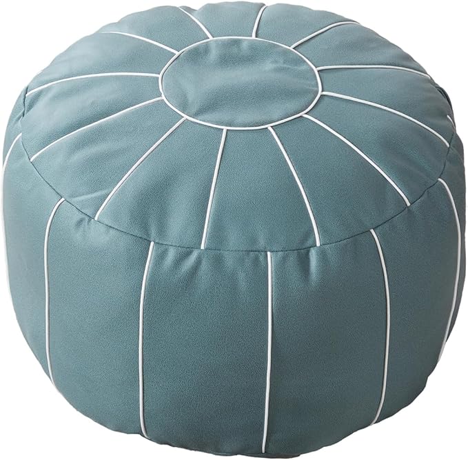 Louis Donné 21 Inch Unstuffed Moroccan Pouf Ottoman Cover, Handmade Faux Leather Foot Stool, Round Storage Poof Cover, Exotic Décor for Living Room Bedroom or Wedding Gifts (Blue)