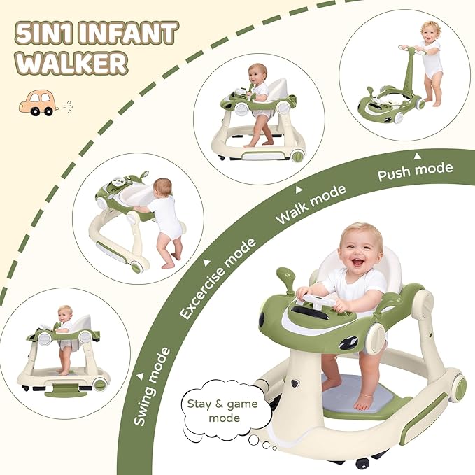 Baby Walker with Wheels, 5-in-1 Foldable Infant Toddler Walker for Boys Girls 6-18 Month, Music Walker for Baby with Car Steering Wheel &Removable Footrest,Baby Push Walker Green