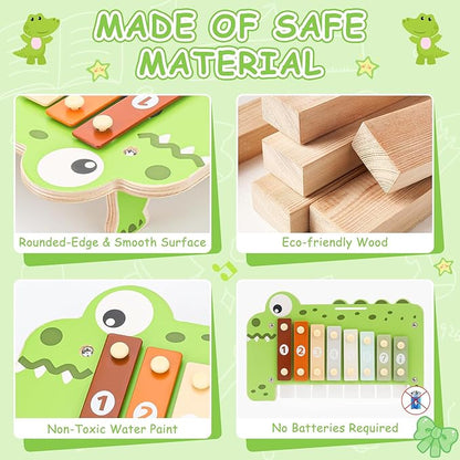 Baby Piano Xylophone Musical Toys - 2 in 1 Wooden Montessori Crocodile Toys for Toddler Kids, 8 Multicolored Key Keyboard Instruments, Preschool Educational Musical Learning Toy for Girls Boys