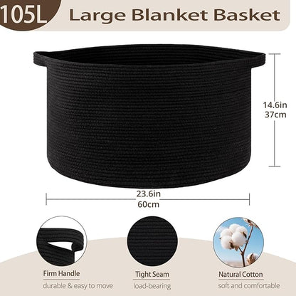 OIAHOMY 105L Blanket Basket for Living Room, Large Basket 23.6" x 23.6" x 14.6" with Handle, Laundry Hamper for Blankets, Pillows, Toy Storage for Kids, Dogs - Black