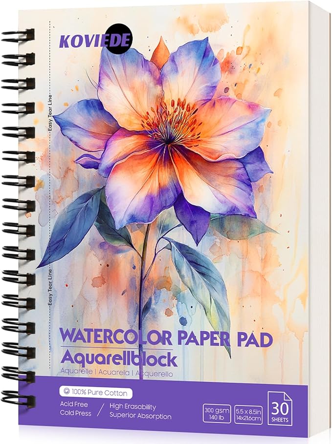 KOVIEDE 100% Cotton Watercolor Paper Pad 30 Sheets, Cold Press 140lb/300gsm Spiral Bound Watercolor Sketchbook, Artist Quality Art Journal Supplies (Floral-Purple, 5.5“x8.5)