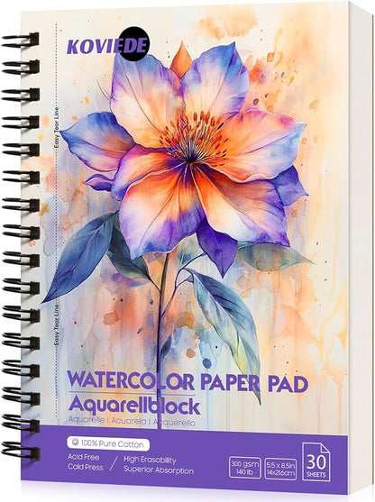 KOVIEDE 100% Cotton Watercolor Paper Pad 30 Sheets, Cold Press 140lb/300gsm Spiral Bound Watercolor Sketchbook, Artist Quality Art Journal Supplies (Floral-Purple, 5.5“x8.5)