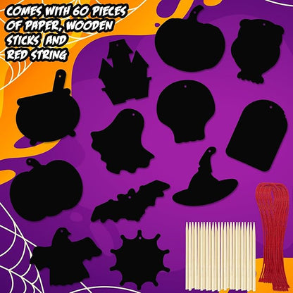 ArtCreativity Halloween Crafts (Bulk) - Scratch Art for Kids, 60 Sets with 60 Designs, 60 Sticks & Red Strings - Magic Colorful Scratch Art Party Favors, DIY Activity for Kids Classroom Decoration