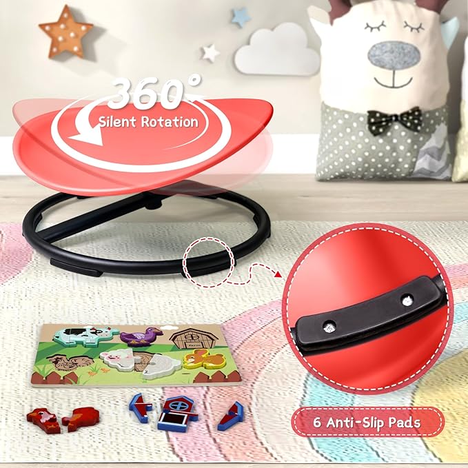 Kids Sensory Swivel Chair, Sensory Spin Chair for Autism Kids, Body Coordination Training Chair, Spin Seat, Metal Base, Non-Slip Design, (Red)