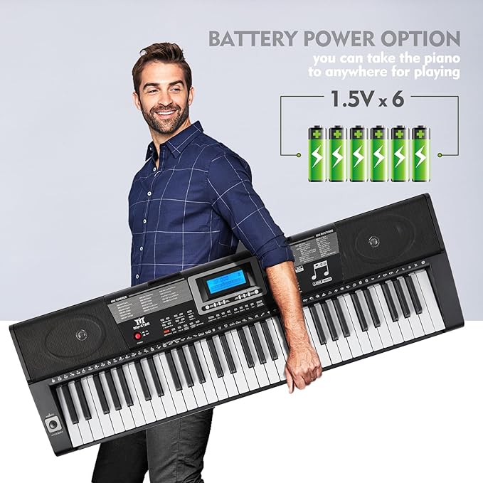 MUSTAR Piano Keyboard, MEKS-500 61 Key Learning Keyboard Piano with Lighted Up Keys, Electric Piano Keyboard for Beginners, Stand, Pedal, Headphones/Microphone, USB Midi, Joystick, Built-in Speakers