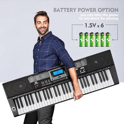 MUSTAR Piano Keyboard, MEKS-500 61 Key Learning Keyboard Piano with Lighted Up Keys, Electric Piano Keyboard for Beginners, Stand, Pedal, Headphones/Microphone, USB Midi, Joystick, Built-in Speakers