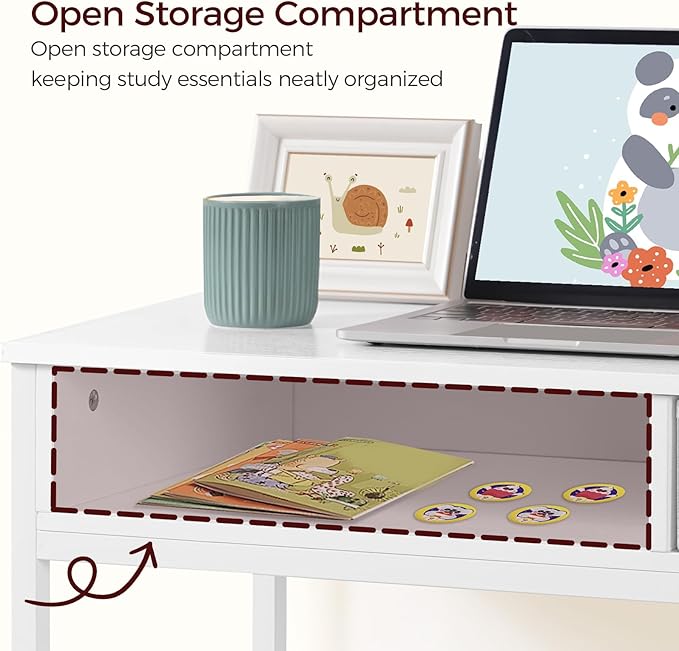 Kids Desk and Chair Set, Student Writing Desk, Kids Study Desk with Book Sorter and Fabric Drawer, Kids Wooden Study Table, for Study, Kids Room, Bedroom, White KDBW11901N1