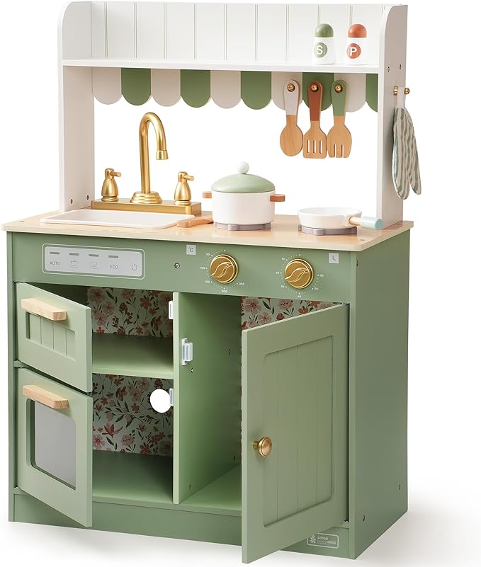 ROBUD Wooden Play Kitchen Set for Kids, Pretend Play Kitchen Toy Set with Golden Faucet, Sink, Oven, Stove, Cabinet, Vintage Style, Gift for Boys & Girls Ages 3+ (Green)