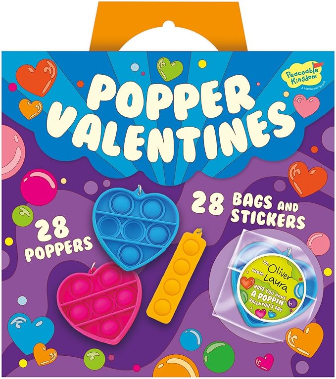 Peaceable Kingdom Valentines Cards for Kids Classroom, Set of 28 Valentines Day Gifts - Mini Popper Heart Pop It Fidgets