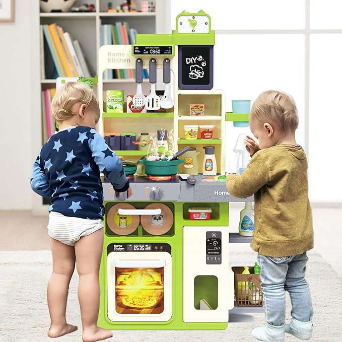 Kids Kitchen Playset, Pretend Kitchen Toys for Toddlers with 63 Pcs Toy Kitchen Accessories, Realistic Lights & Sounds, Spray, Play Sink, and Play Food - Kitchen Set for Girls Boys Aged 3 4 5+ (Green)