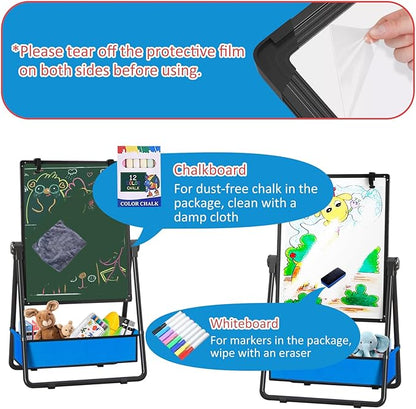 Kids Easel Double-Sided Art Easel with Paper Clip Height Adjustable Whiteboard & Chalkboard 360°Rotating Standing Art Easel for Kids Gift for Boys and Girls Toys for Ages 2-4