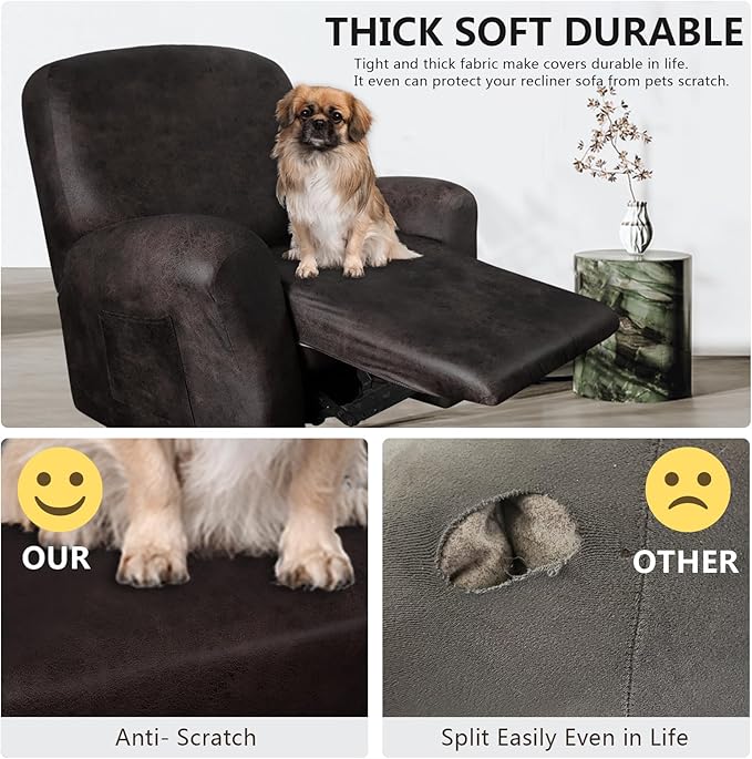 Leather Like Recliner Chair Covers Heavy Duty, 4 Pieces Lazy Boy Recliner Cover for Recliner Chair, Leather Cover for Recliner slipcovers Washable for Pets (Black Chocolate)