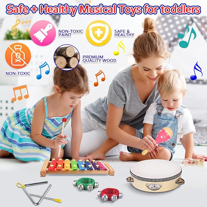 Kids Musical Instruments, INLAIER Toddler Wooden Percussion Instruments Tambourine Xylophone Toys for Kids Children, Preschool Education Early Learning Musical Toy for Boys and Girls with Storage Bag
