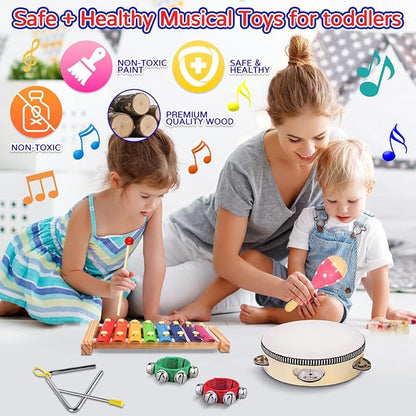 Kids Musical Instruments, INLAIER Toddler Wooden Percussion Instruments Tambourine Xylophone Toys for Kids Children, Preschool Education Early Learning Musical Toy for Boys and Girls with Storage Bag
