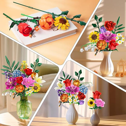 Flower Bouquet Building Set - 1000 PCS Bouquet Botanicals Collection Gift for Valentine's Day for Her and Him, 15 Artificial Flowers Building Blocks Home Plant Decor for Adults Women Birthday
