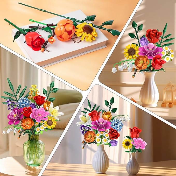 Flower Bouquet Building Set - 1000 PCS Bouquet Botanicals Collection Gift for Valentine's Day for Her and Him, 15 Artificial Flowers Building Blocks Home Plant Decor for Adults Women Birthday