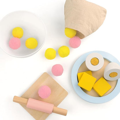 Kids Kitchen Playset, Wooden Toy Mixer with Toy Food, Toddler Baking Set Stand Mixer, Pretend Play Toy Blender for Boys and Girls Ages 3+