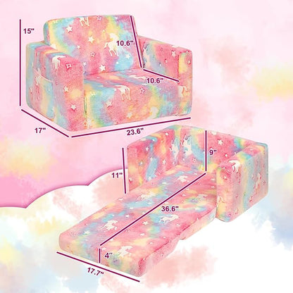 ALIMORDEN 2-in-1 Flip Out Cuddly Sherpa Toddler Couch, Convertible Sofa to Lounger,Glow-in-The-Dark Unicorn Pattern
